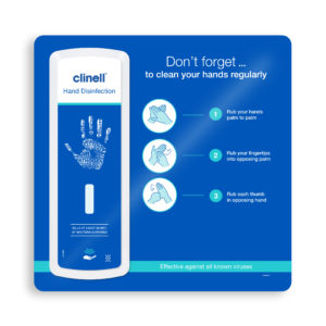 Clinell hand sanitiser dispenser with backboard for instructions and guidance